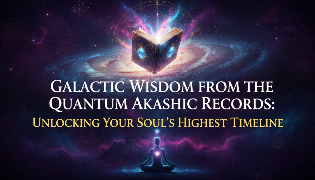 Spiritual woman meditating under a starry galaxy, symbolizing access to the Quantum Akashic Records and higher consciousness.