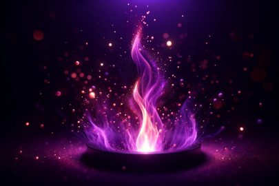 A macro shot of a vibrant violet flame, with particles that seem to dance like fireflies in the night.