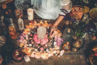 Beautiful,Altar,With,Crystals,And,Rose,Flowers.